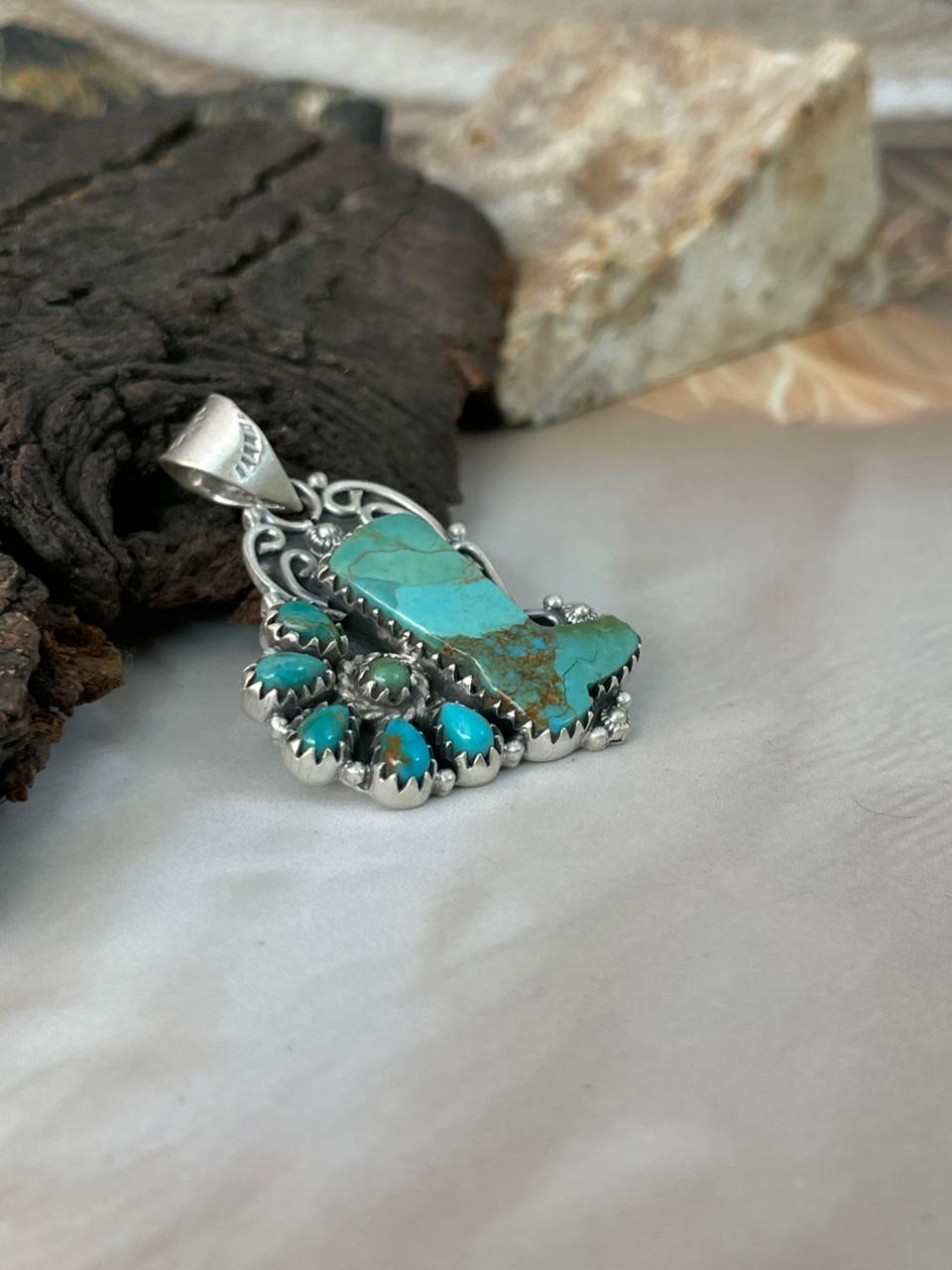 Handmade Sterling Silver Kingman Turquoise Pendant "Signed Nizhoni" (7)