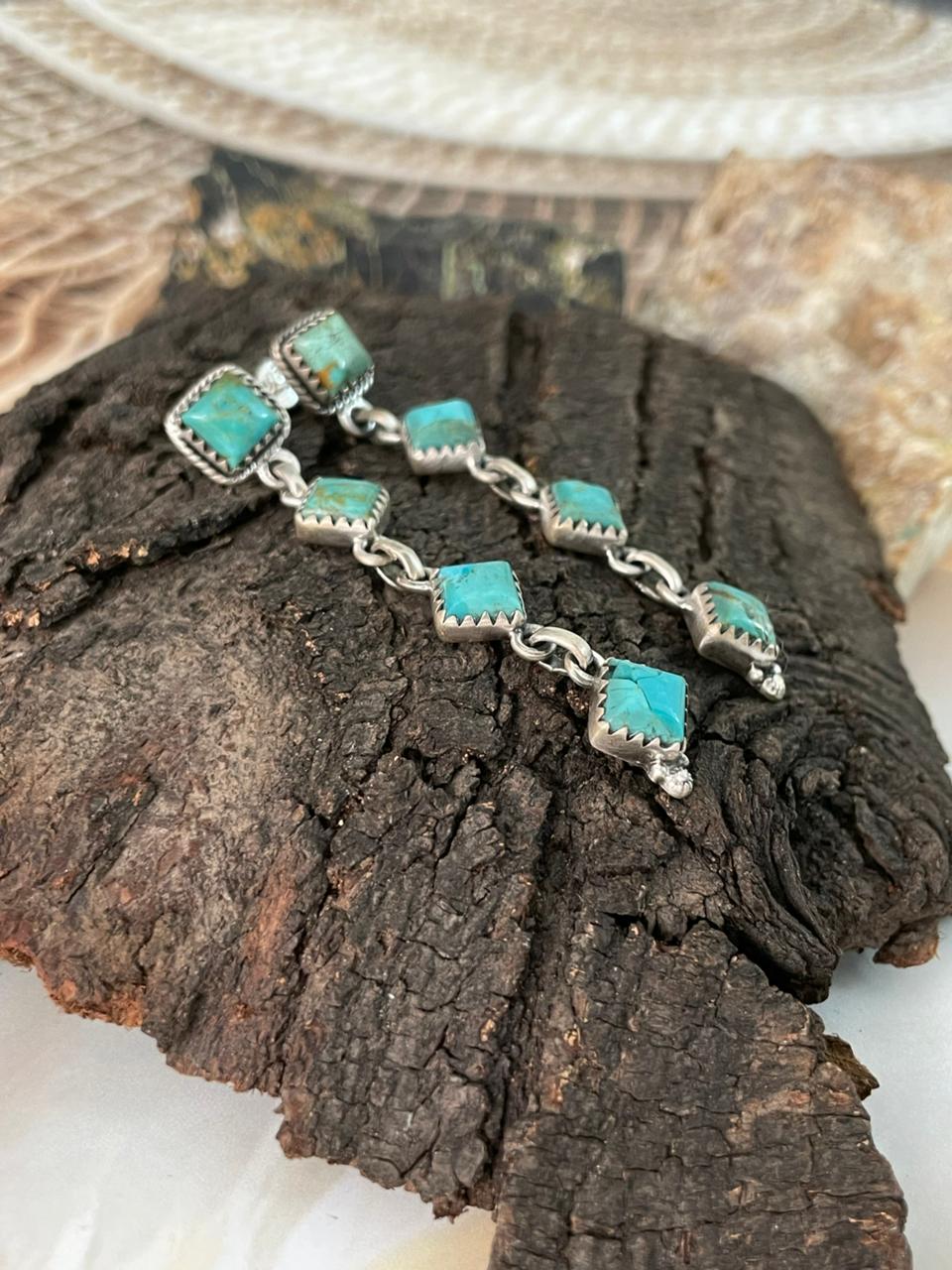 Handmade Sterling Silver Kingman Turquoise Post Dangle Earrings "Signed Nizhoni"