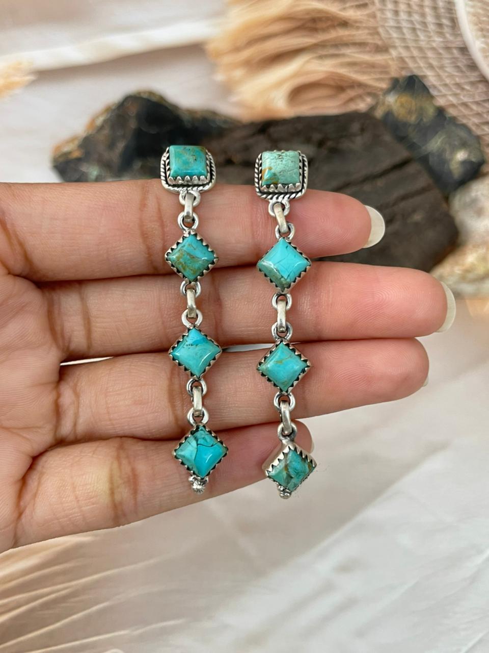 Handmade Sterling Silver Kingman Turquoise Post Dangle Earrings "Signed Nizhoni"