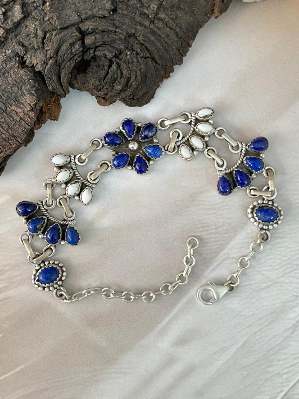 Handmade Sterling Silver White Buffalo with Lapis Bracelet "Signed Nizhoni" (1)