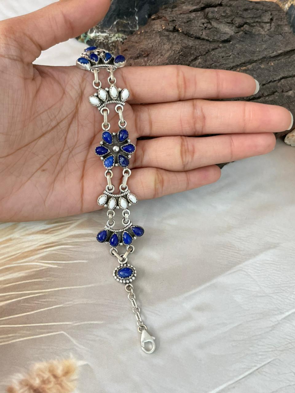 Handmade Sterling Silver White Buffalo with Lapis Bracelet "Signed Nizhoni" (1)