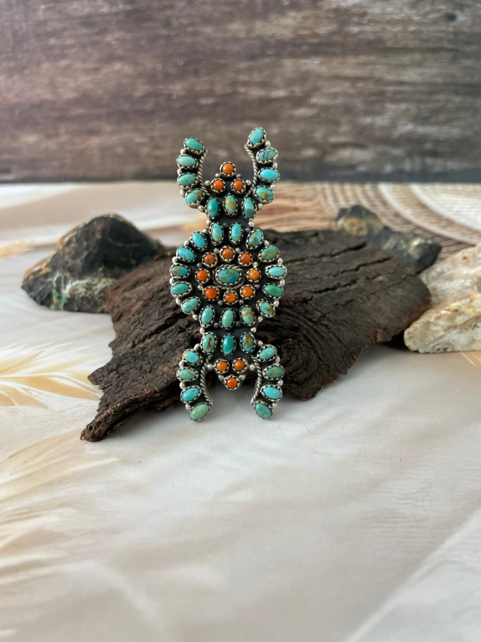 Handmade Sterling Silver Kingman Turquoise with Orange Mojave Adjustable Ring "Signed Nizhoni"