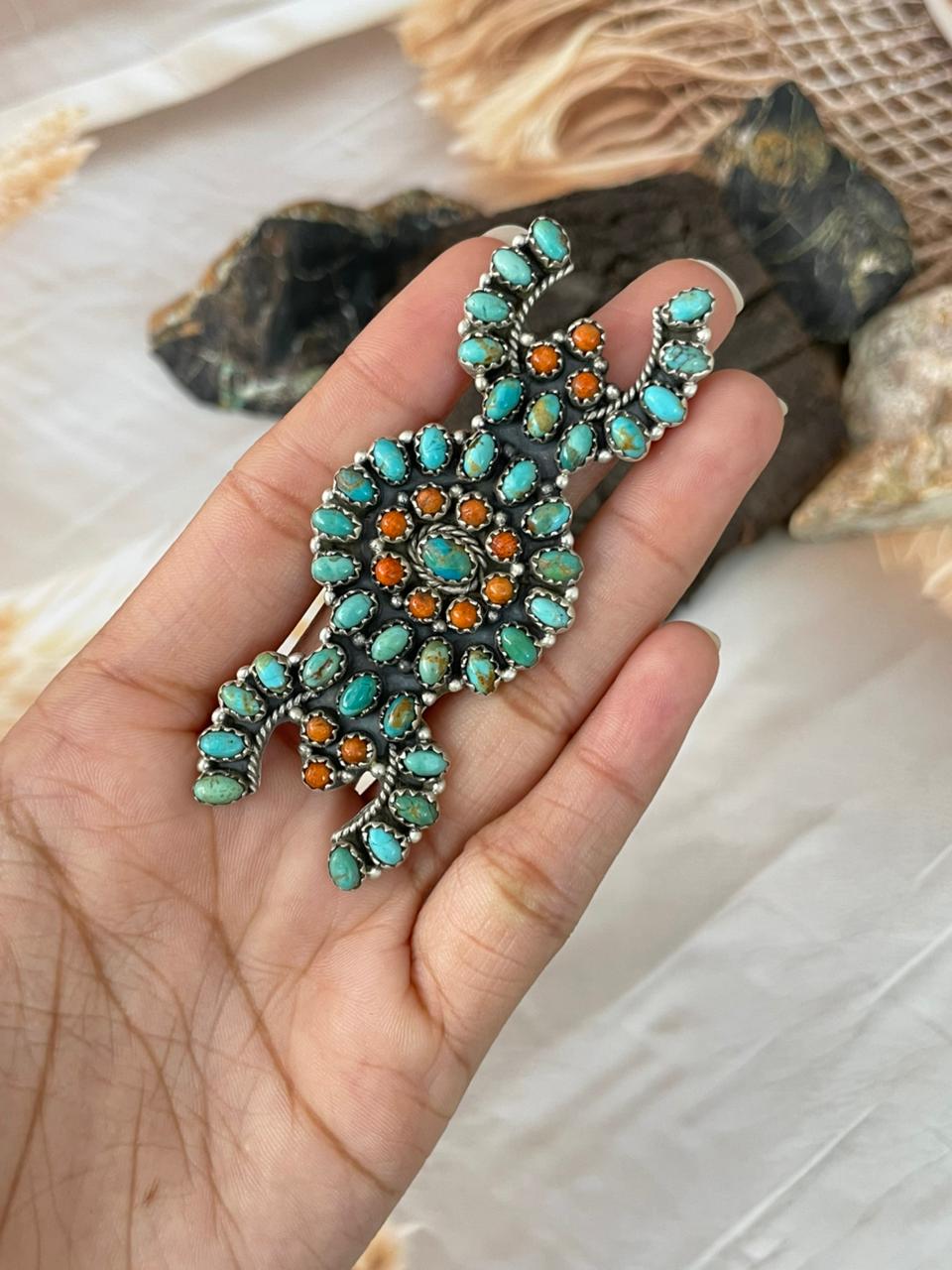 Handmade Sterling Silver Kingman Turquoise with Orange Mojave Adjustable Ring "Signed Nizhoni"