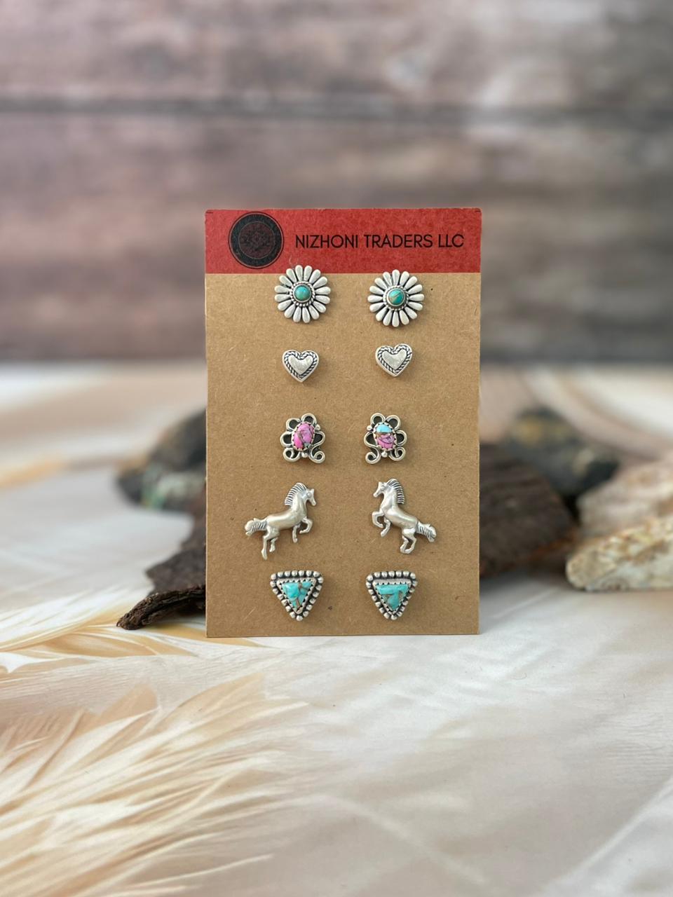 Handmade Sterling Silver Mint Dahlia with Cotton Candy and Kingman Turquoise Post Studs Card Set
