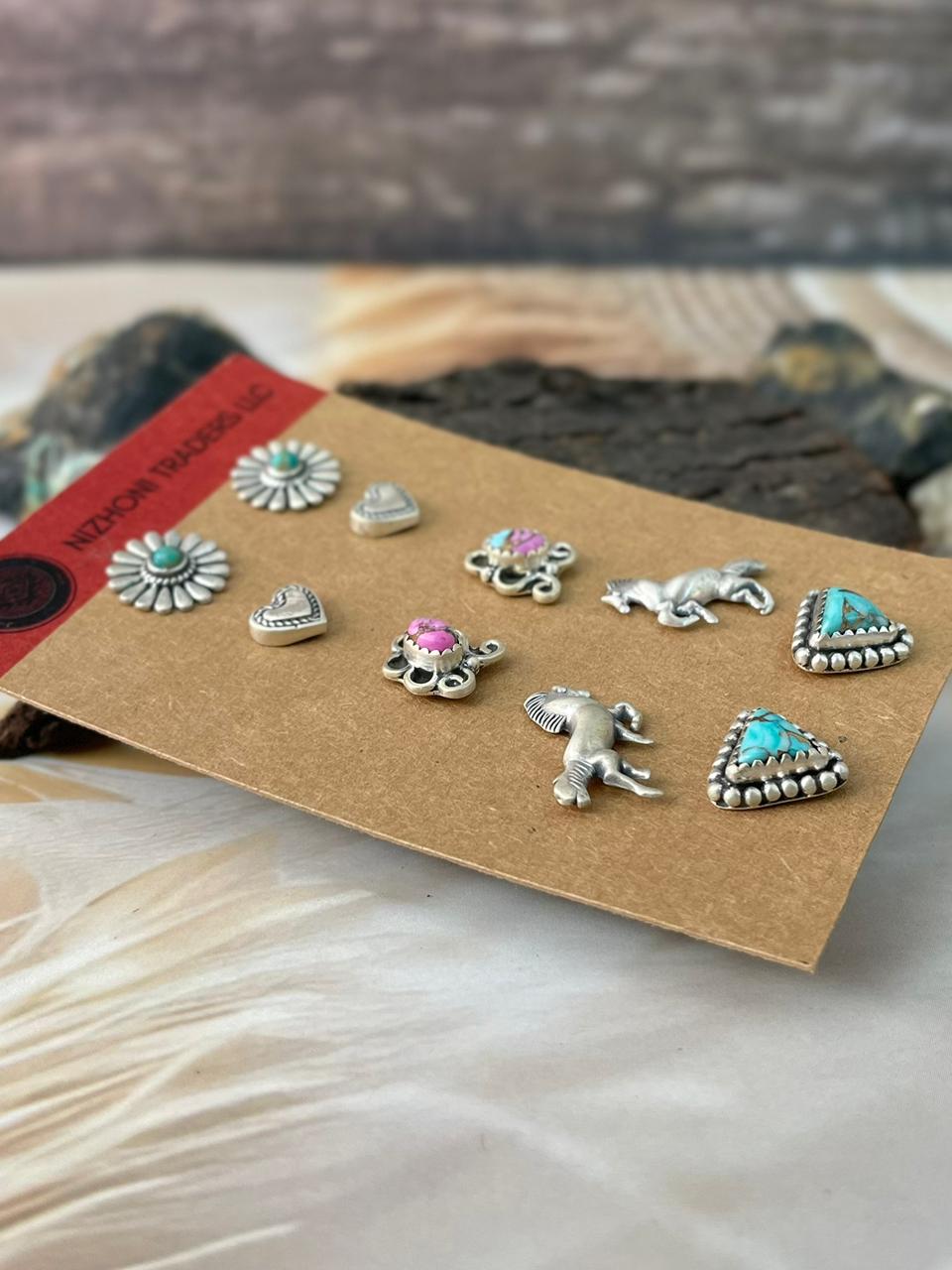 Handmade Sterling Silver Mint Dahlia with Cotton Candy and Kingman Turquoise Post Studs Card Set