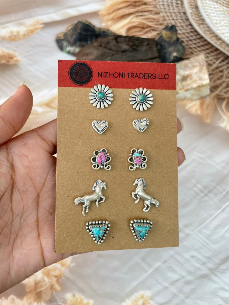 Handmade Sterling Silver Mint Dahlia with Cotton Candy and Kingman Turquoise Post Studs Card Set