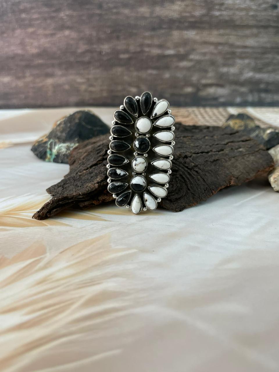 Handmade Sterling Silver White Buffalo Adjustable Ring "Signed Nizhoni"