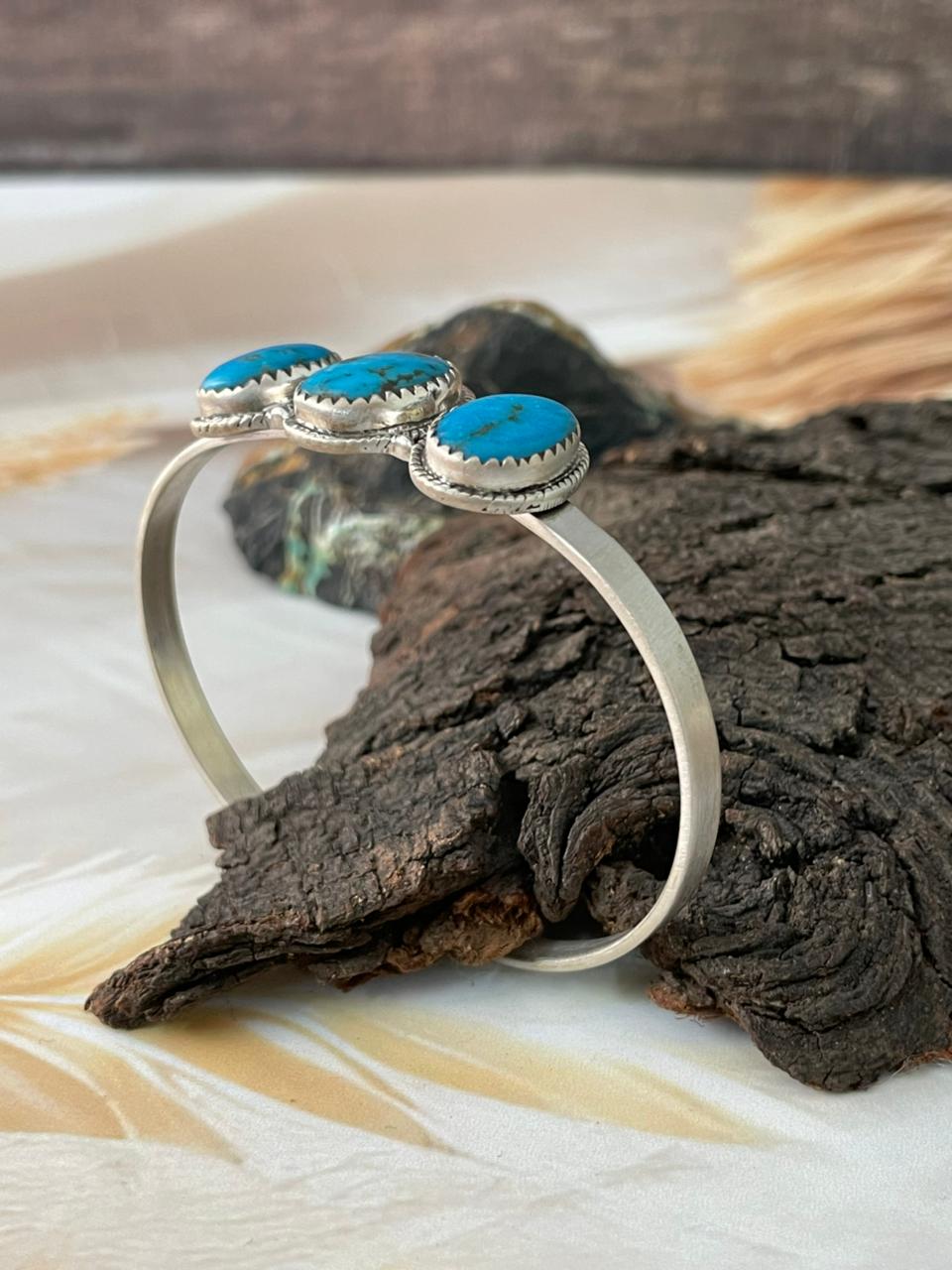 Handmade Sterling Silver Blue Kingman Turquoise Cuff Bracelet "Signed Nizhoni"