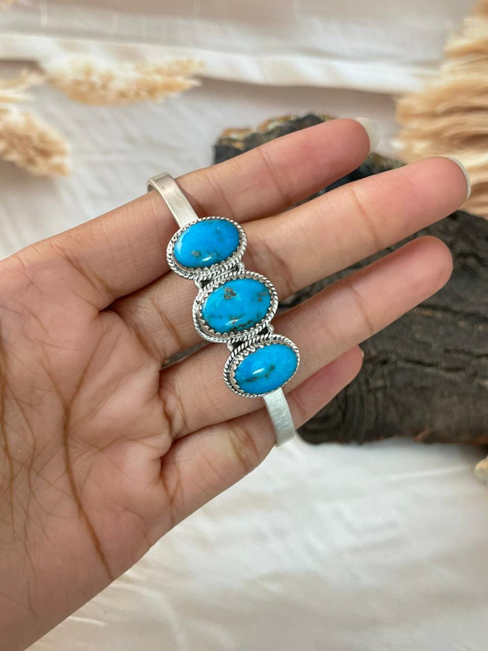 Handmade Sterling Silver Blue Kingman Turquoise Cuff Bracelet "Signed Nizhoni"