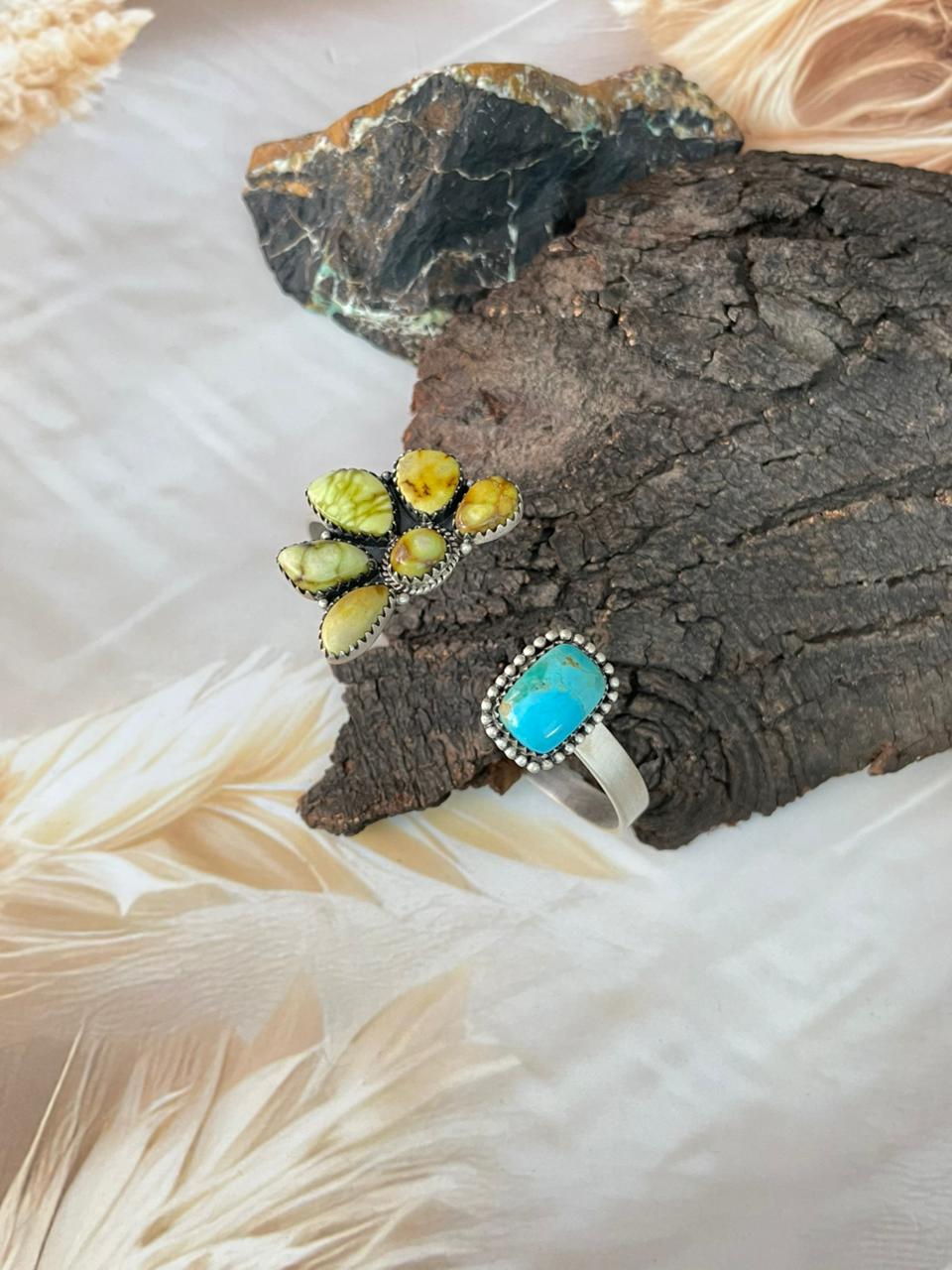 Handmade Sterling Silver Kingman with Palomino Turquoise Cuff Bracelet "Signed Nizhoni"