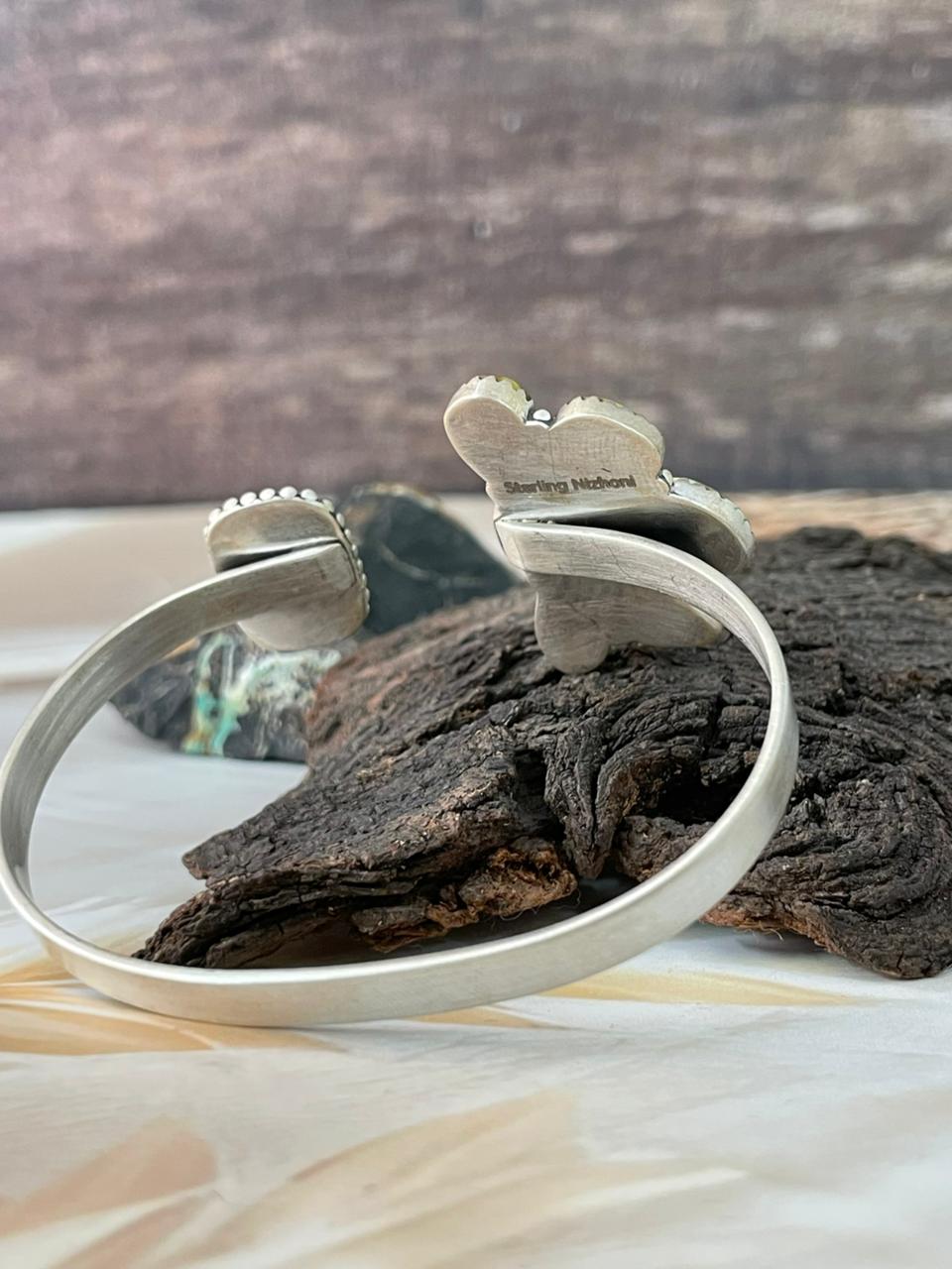 Handmade Sterling Silver Kingman with Palomino Turquoise Cuff Bracelet "Signed Nizhoni"