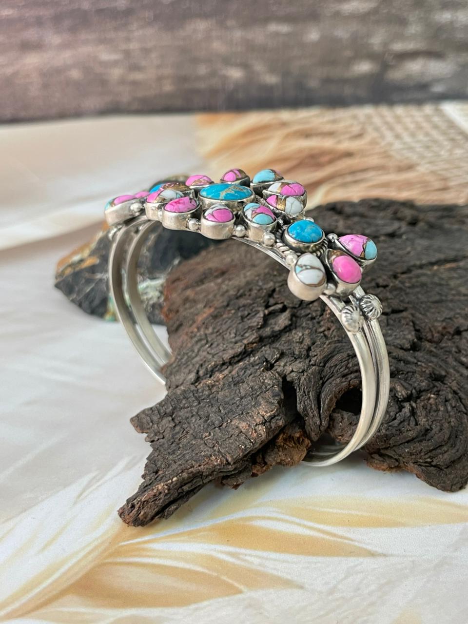 Handmade Sterling Silver Sierra Bella Turquoise with Cotton Candy Cuff Bracelet "Signed Nizhoni"