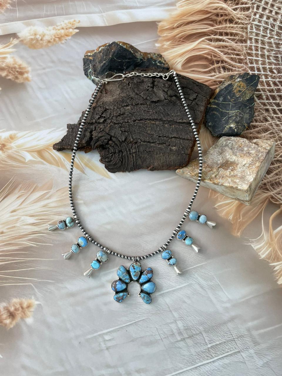 Handmade Sterling Silver Golden Hills Turquoise Naja Beaded Squash Blossom Necklace "Signed Nizhoni"