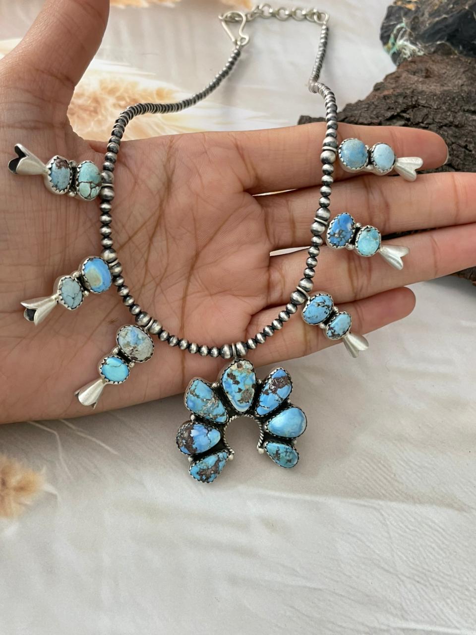 Handmade Sterling Silver Golden Hills Turquoise Naja Beaded Squash Blossom Necklace "Signed Nizhoni"