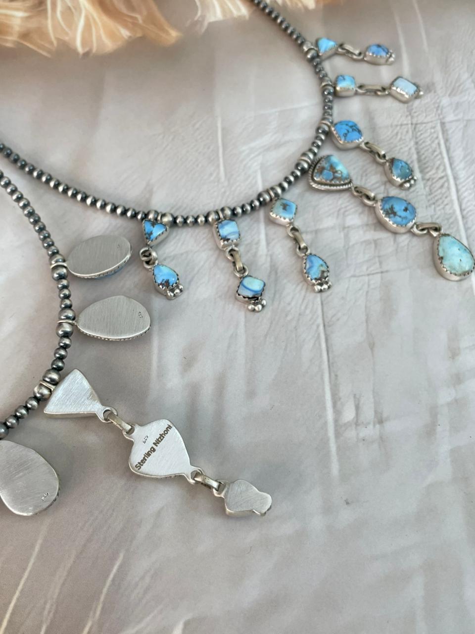 Handmade Sterling Silver Golden Hills Turquoise Beaded Necklace "Signed Nizhoni"
