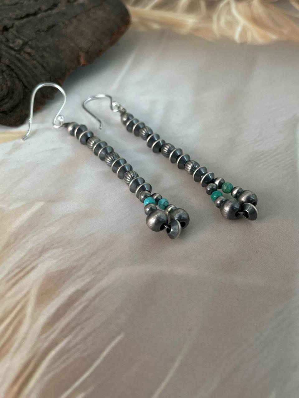 Handmade Sterling Silver Kingman Turquoise Hook Dangle Beaded Earrings