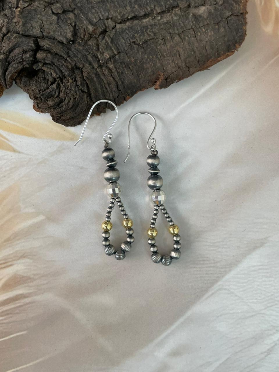 Handmade Sterling Silver Hook Dangle Gold Shiny Beaded Earrings