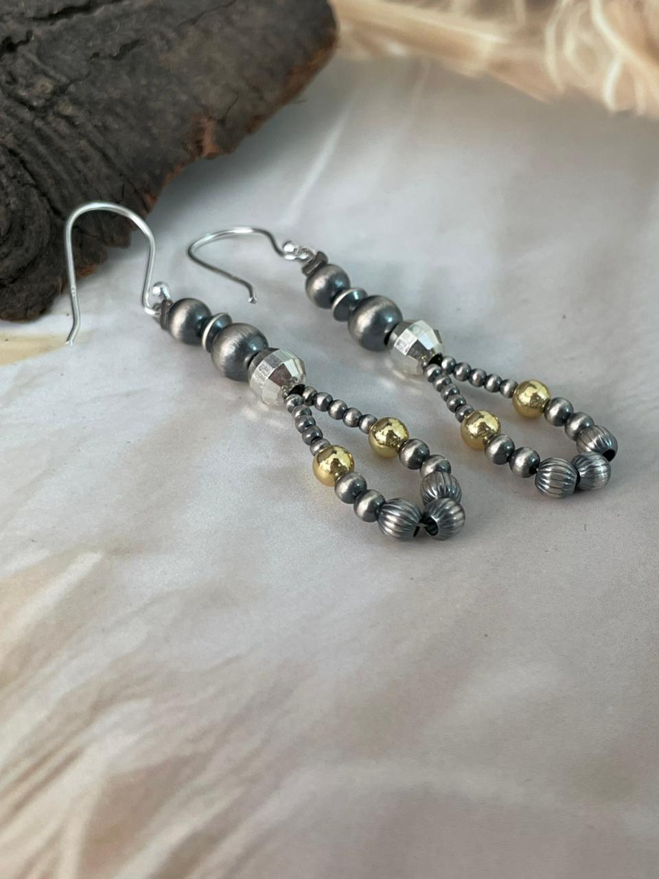 Handmade Sterling Silver Hook Dangle Gold Shiny Beaded Earrings