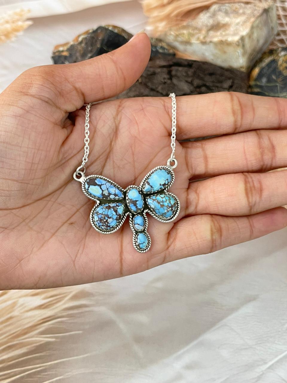 Handmade Sterling Silver Golden Hills Turquoise Butterfly Necklace "Signed Nizhoni"