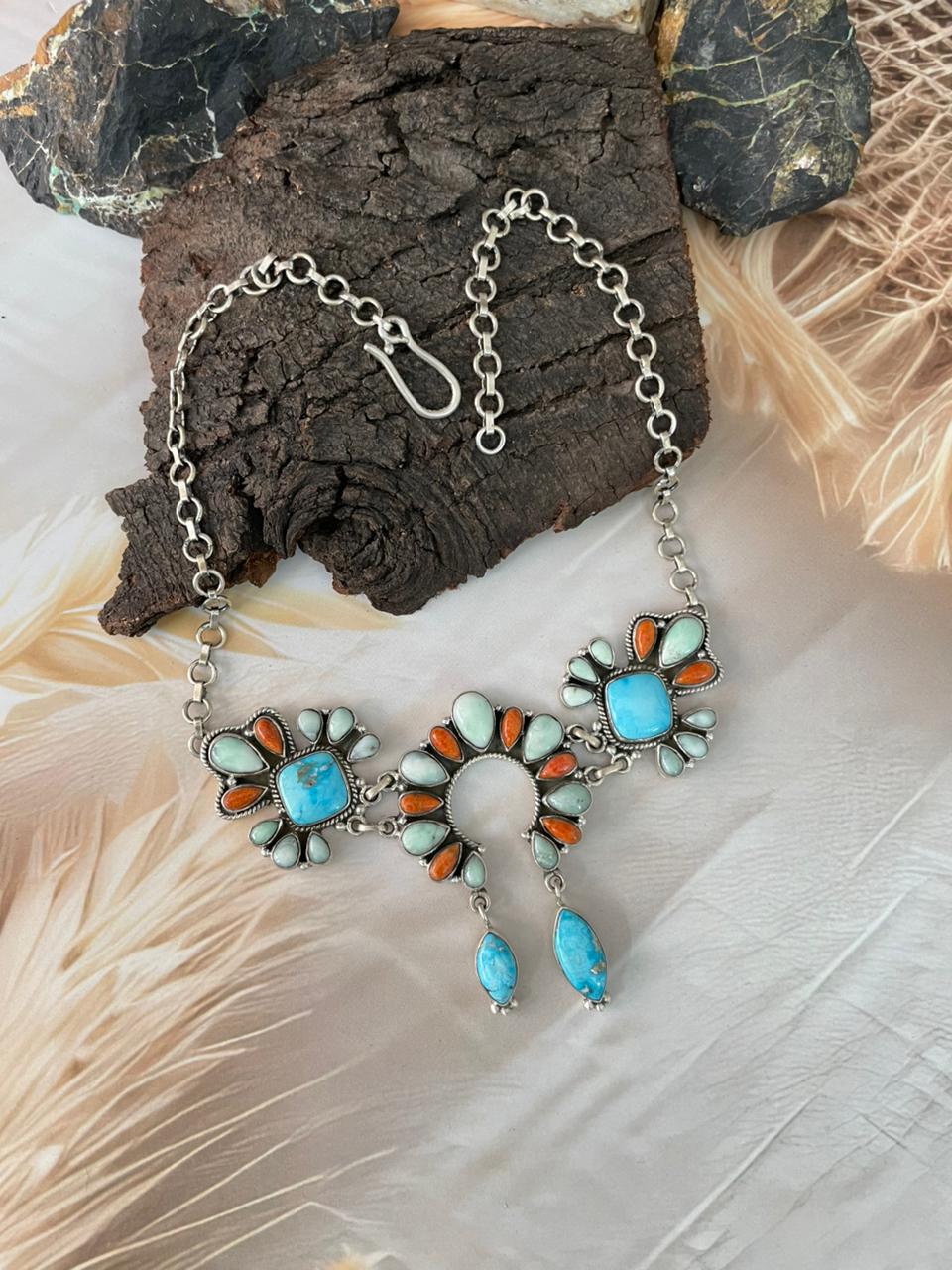 Handmade Sterling Silver White Water with Orange Mojave and Paloma Turquoise Choker Naja Necklace "Signed Nizhoni"