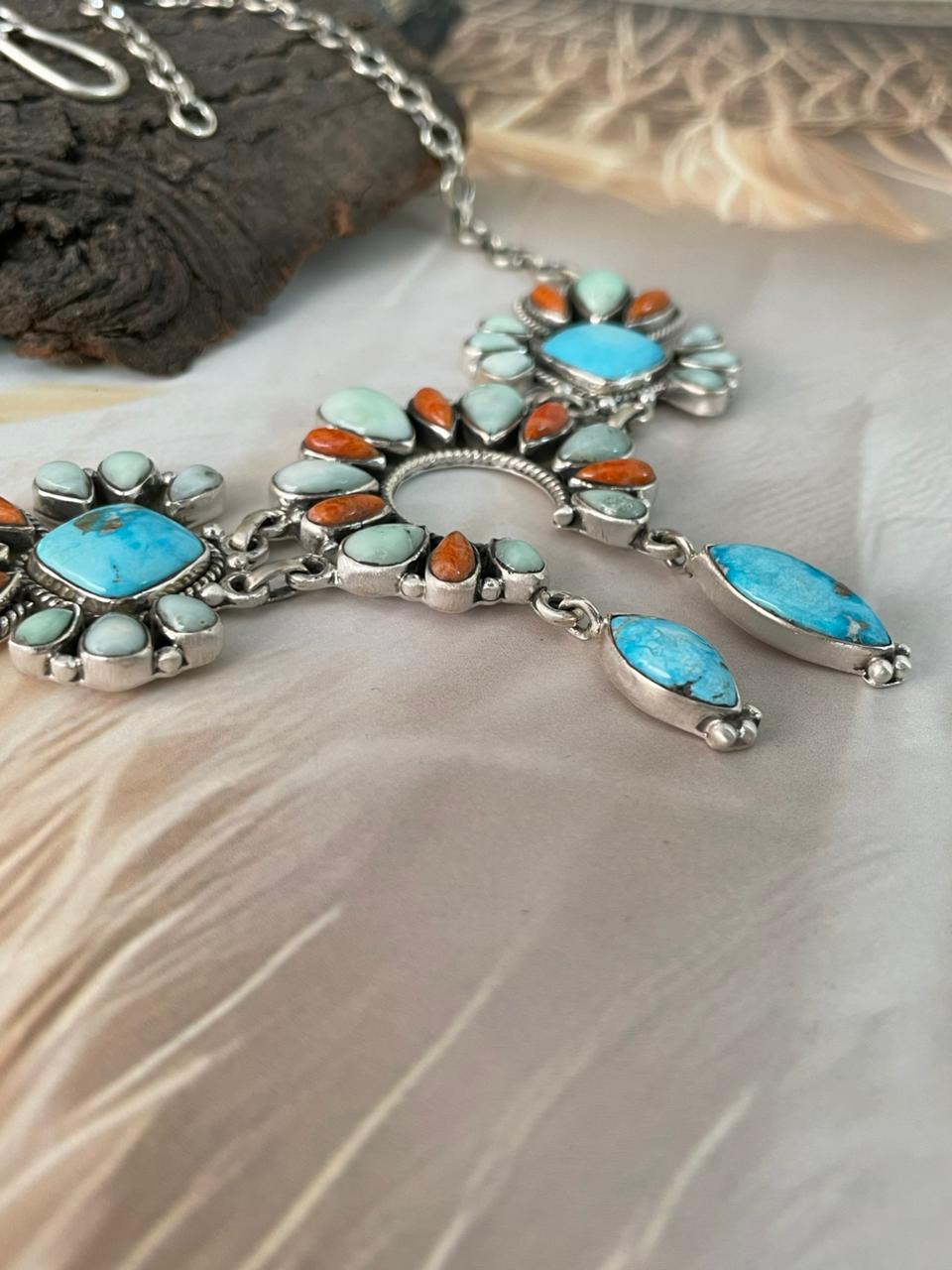Handmade Sterling Silver White Water with Orange Mojave and Paloma Turquoise Choker Naja Necklace "Signed Nizhoni"