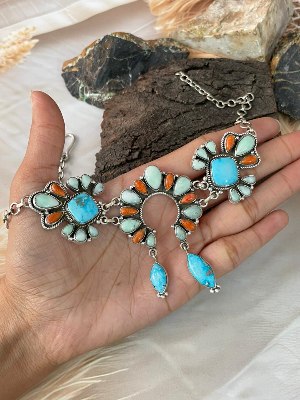 Handmade Sterling Silver White Water with Orange Mojave and Paloma Turquoise Choker Naja Necklace "Signed Nizhoni"