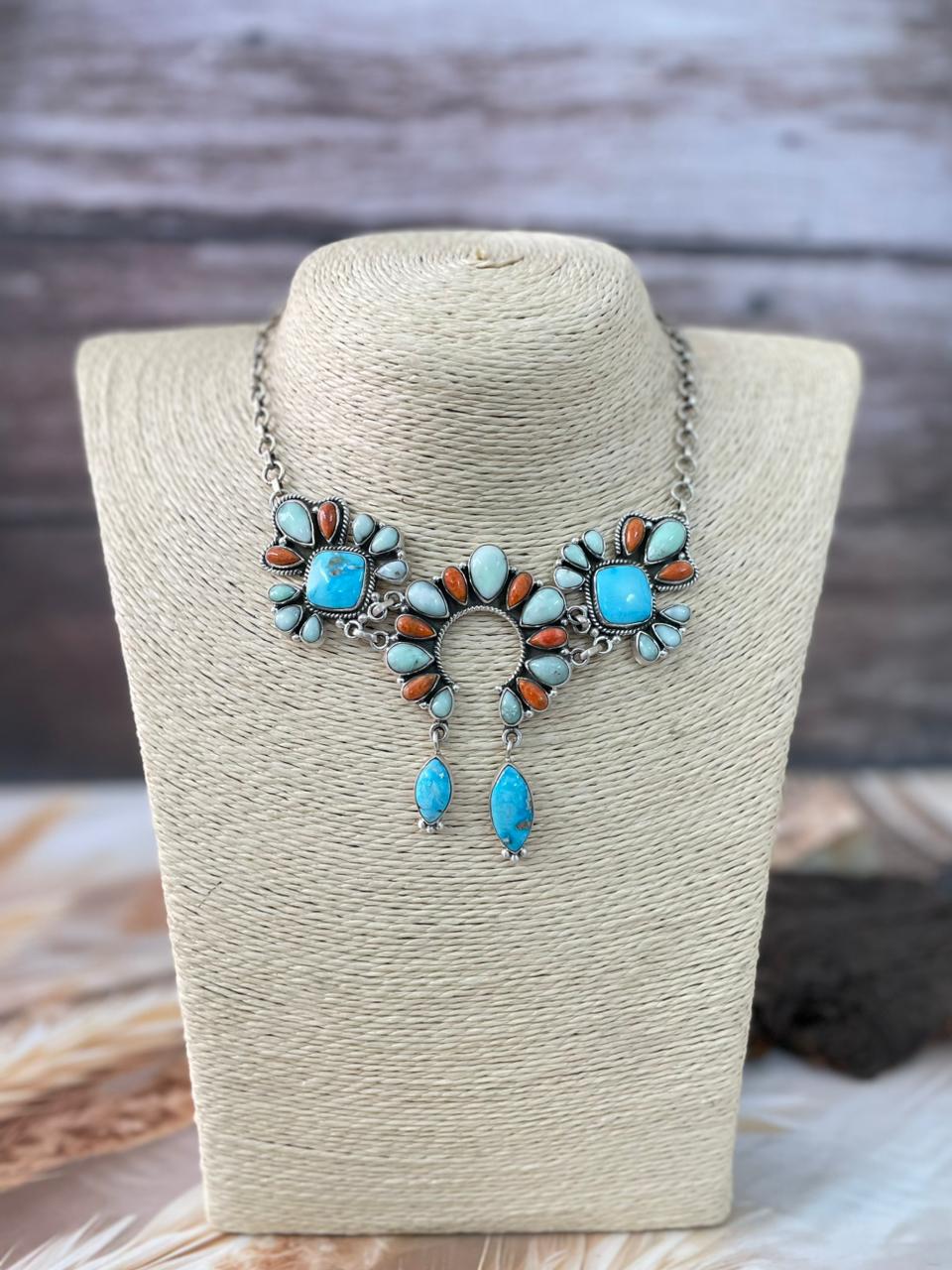 Handmade Sterling Silver White Water with Orange Mojave and Paloma Turquoise Choker Naja Necklace "Signed Nizhoni"
