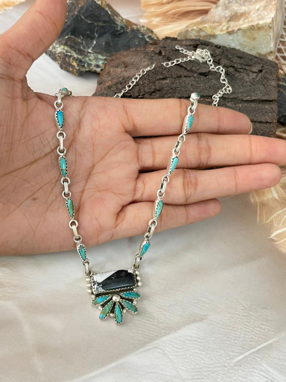 Handmade Sterling Silver Kingman Turquoise with White Buffalo Necklace "Signed Nizhoni"