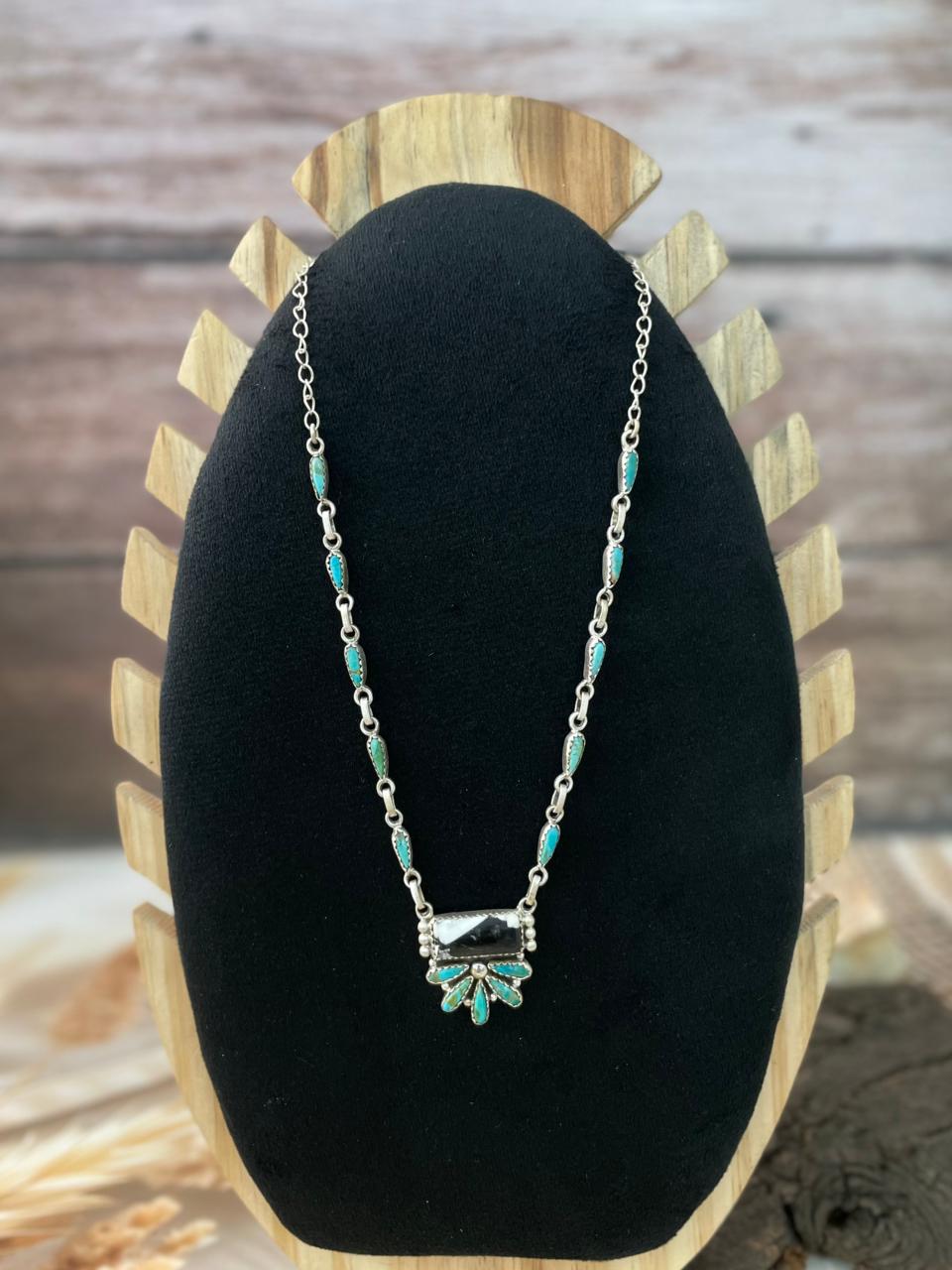 Handmade Sterling Silver Kingman Turquoise with White Buffalo Necklace "Signed Nizhoni"