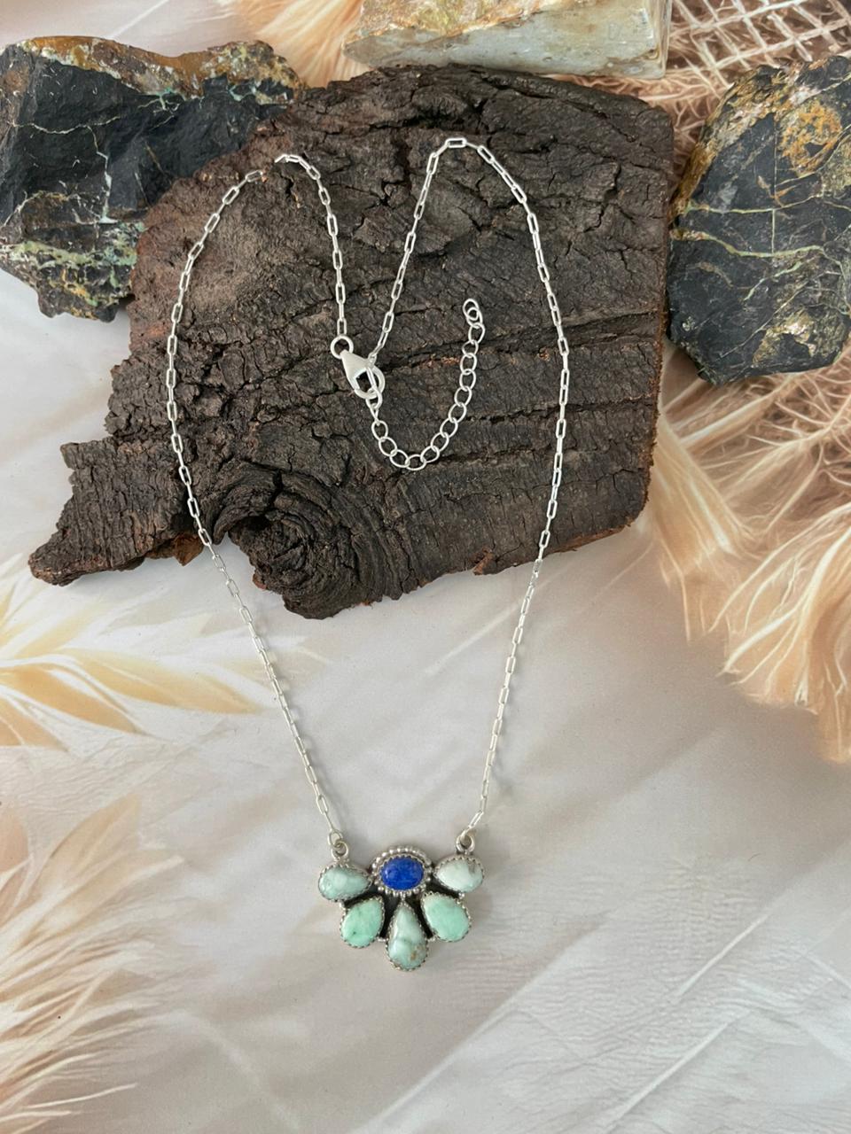 Handmade Sterling Silver Palomino Turquoise with Lapis Necklace "Signed Nizhoni"