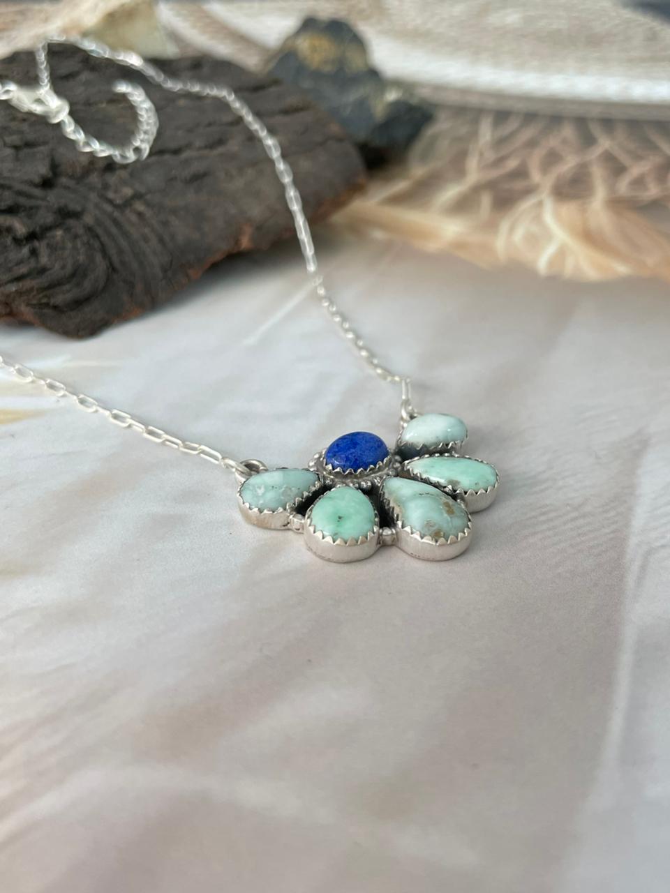 Handmade Sterling Silver Palomino Turquoise with Lapis Necklace "Signed Nizhoni"