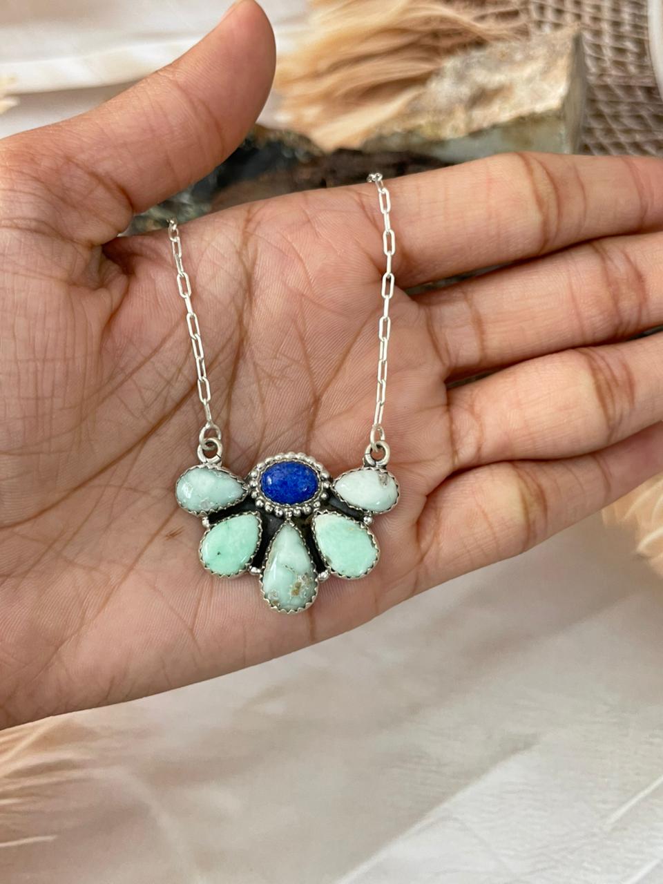 Handmade Sterling Silver Palomino Turquoise with Lapis Necklace "Signed Nizhoni"