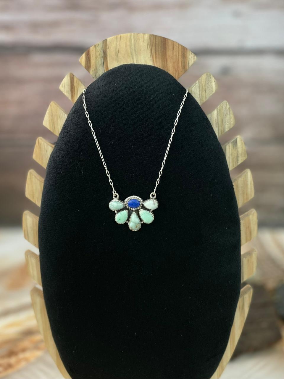 Handmade Sterling Silver Palomino Turquoise with Lapis Necklace "Signed Nizhoni"