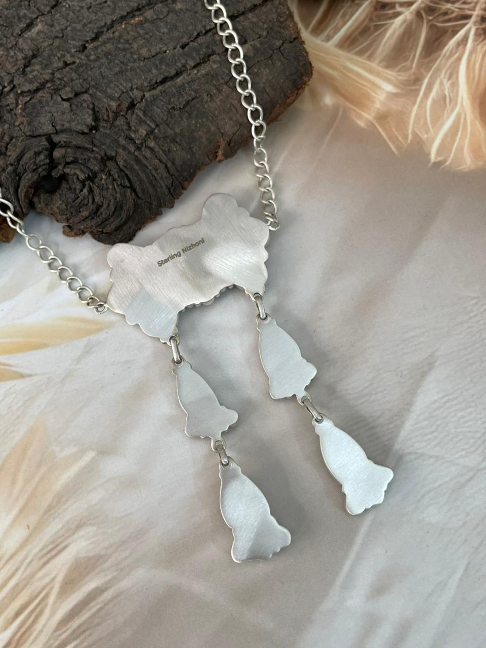 Handmade Sterling Silver Palomino Turquoise with Orange Mojave Necklace "Signed Nizhoni"
