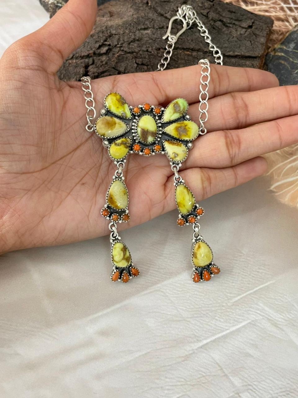 Handmade Sterling Silver Palomino Turquoise with Orange Mojave Necklace "Signed Nizhoni"