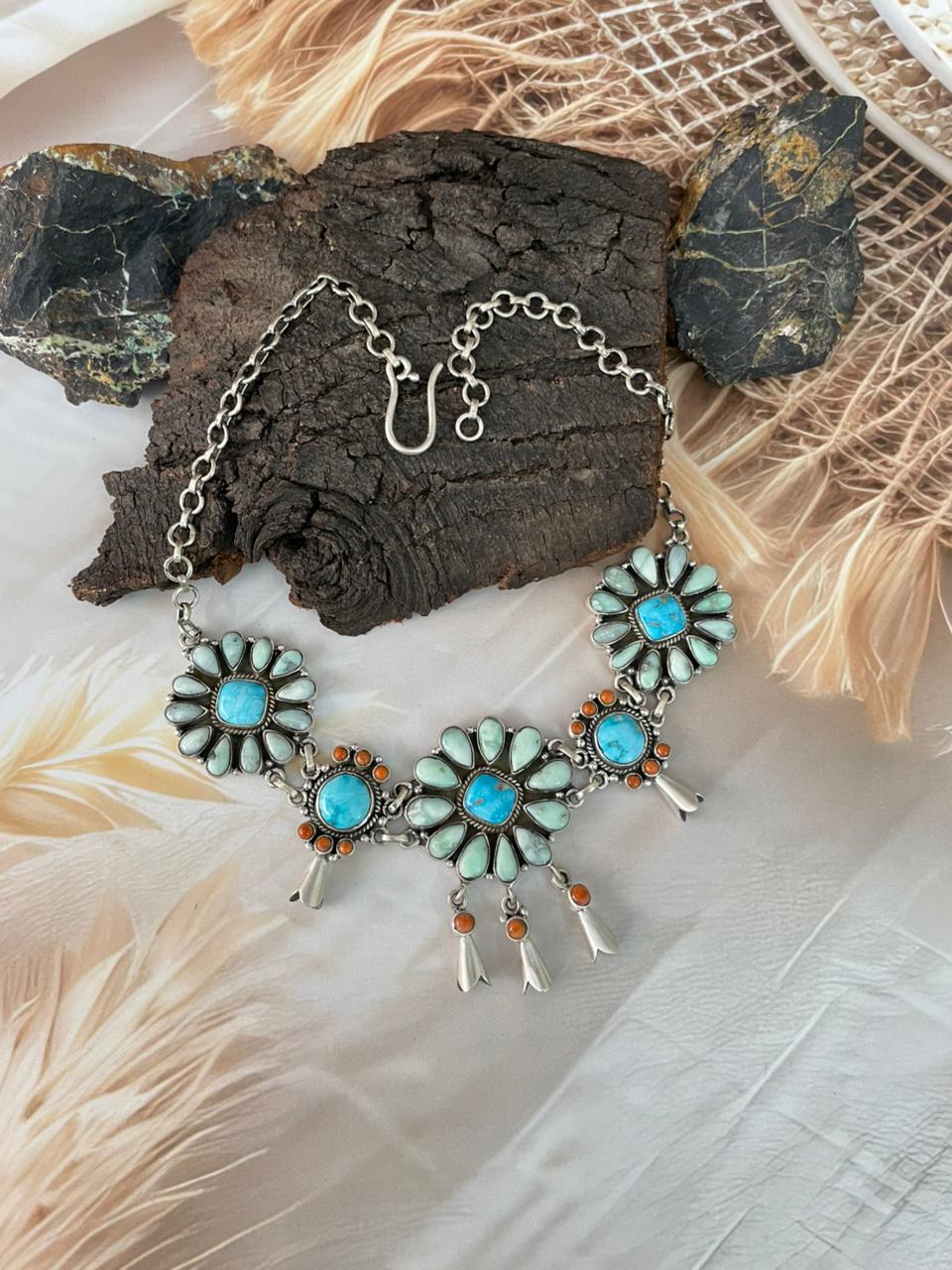 Handmade Sterling Silver White Water with Orange Mojave and Paloma Turquoise Choker Squash Blossom Necklace "Signed Nizhoni"