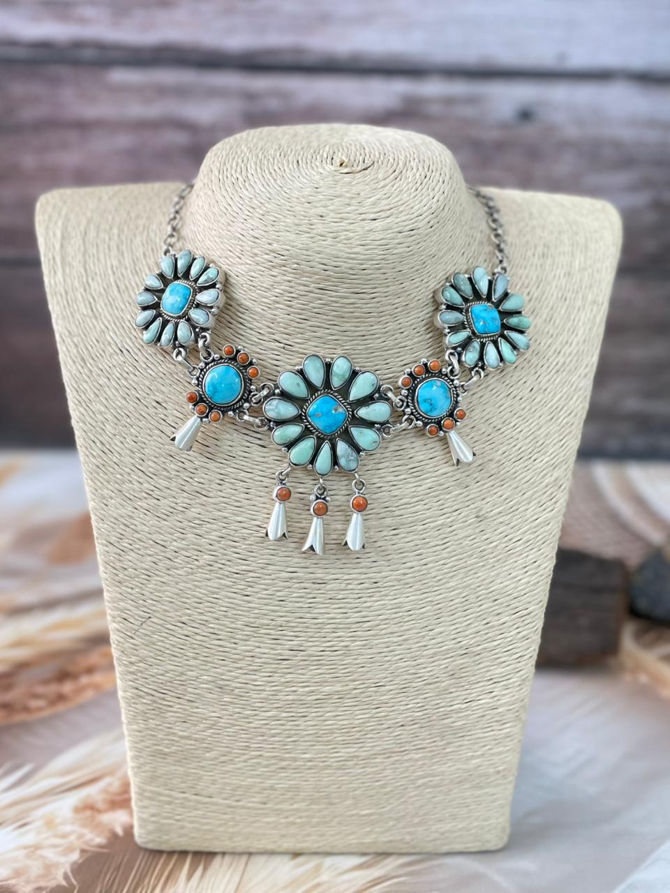 Handmade Sterling Silver White Water with Orange Mojave and Paloma Turquoise Choker Squash Blossom Necklace "Signed Nizhoni"