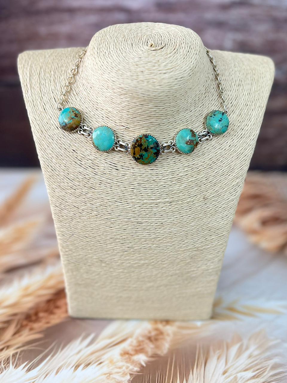 Handmade Sterling Silver Manassa Turquoise Choker Necklace "Signed Nizhoni"