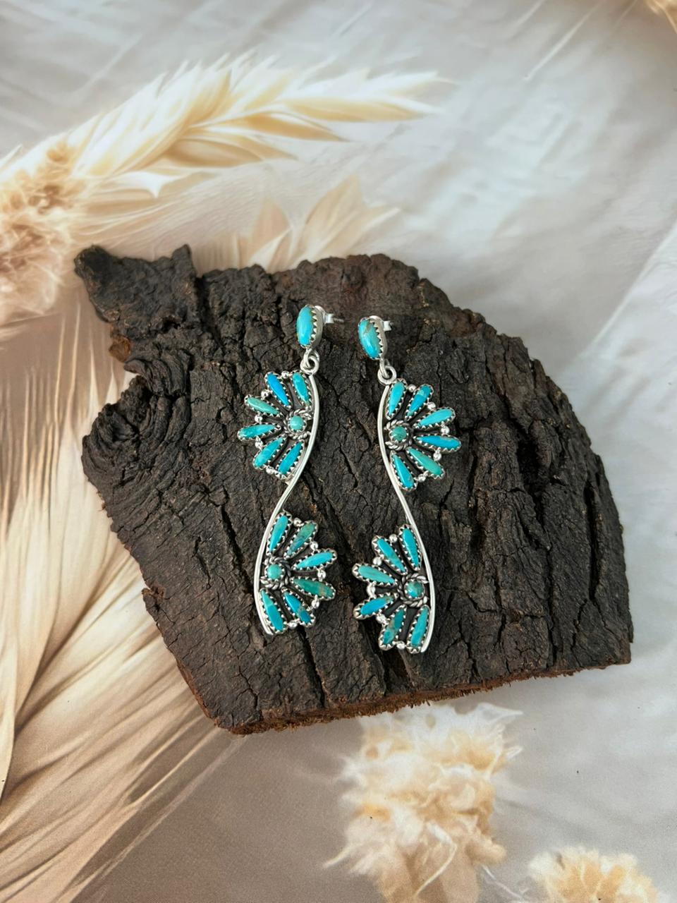 Handmade Sterling Silver Kingman Turquoise Post Dangle Earrings "Signed Nizhoni"