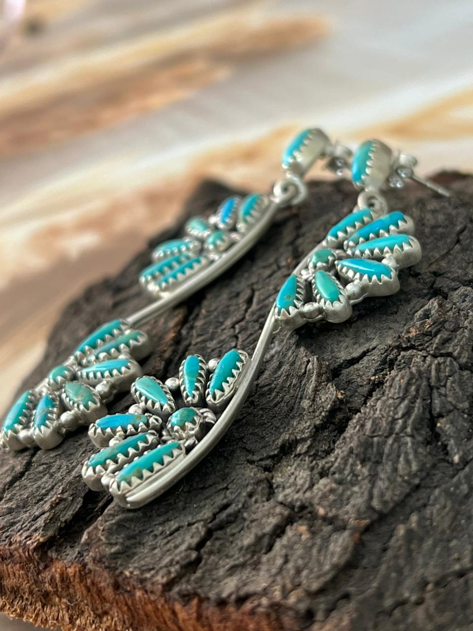 Handmade Sterling Silver Kingman Turquoise Post Dangle Earrings "Signed Nizhoni"