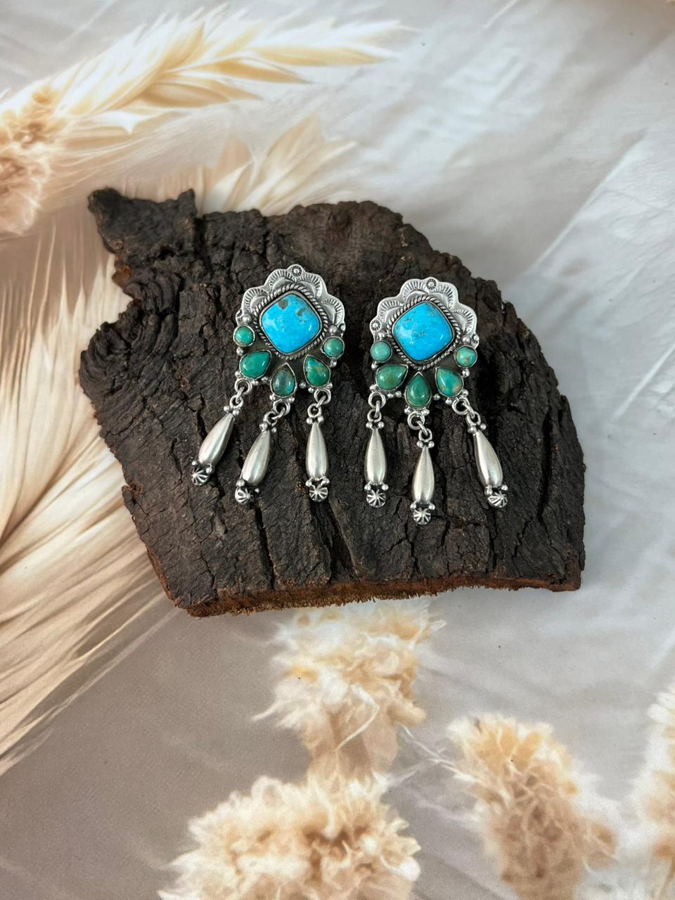 Handmade Sterling Silver Blue Kingman with Mojave Turquoise Post Dangle Earrings "Signed Nizhoni"