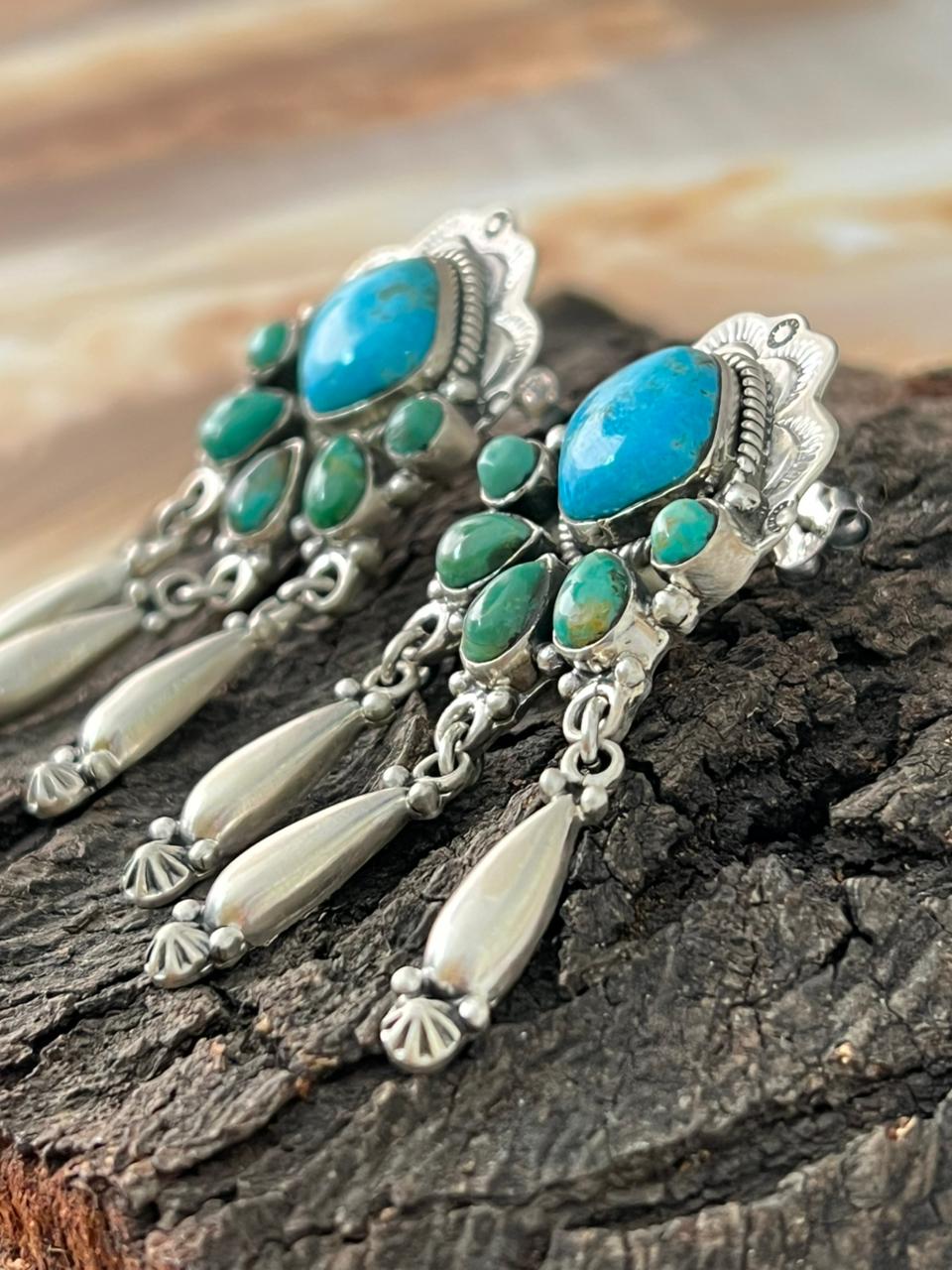Handmade Sterling Silver Blue Kingman with Mojave Turquoise Post Dangle Earrings "Signed Nizhoni"