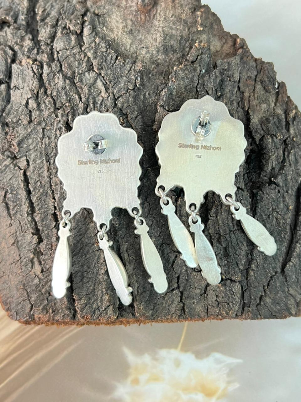 Handmade Sterling Silver Blue Kingman with Mojave Turquoise Post Dangle Earrings "Signed Nizhoni"