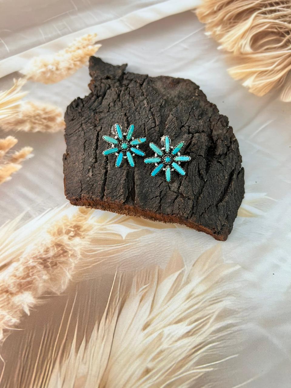 Handmade Sterling Silver Kingman Turquoise Post Studs Earrings "Signed Nizhoni"