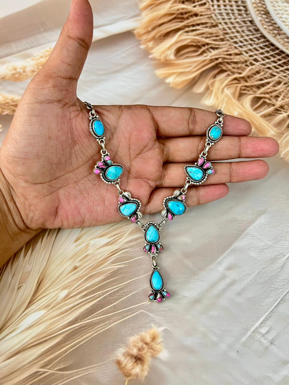 Handmade Sterling Silver Cotton Candy with Sierra Bella Turquoise Necklace "Signed Nizhoni"