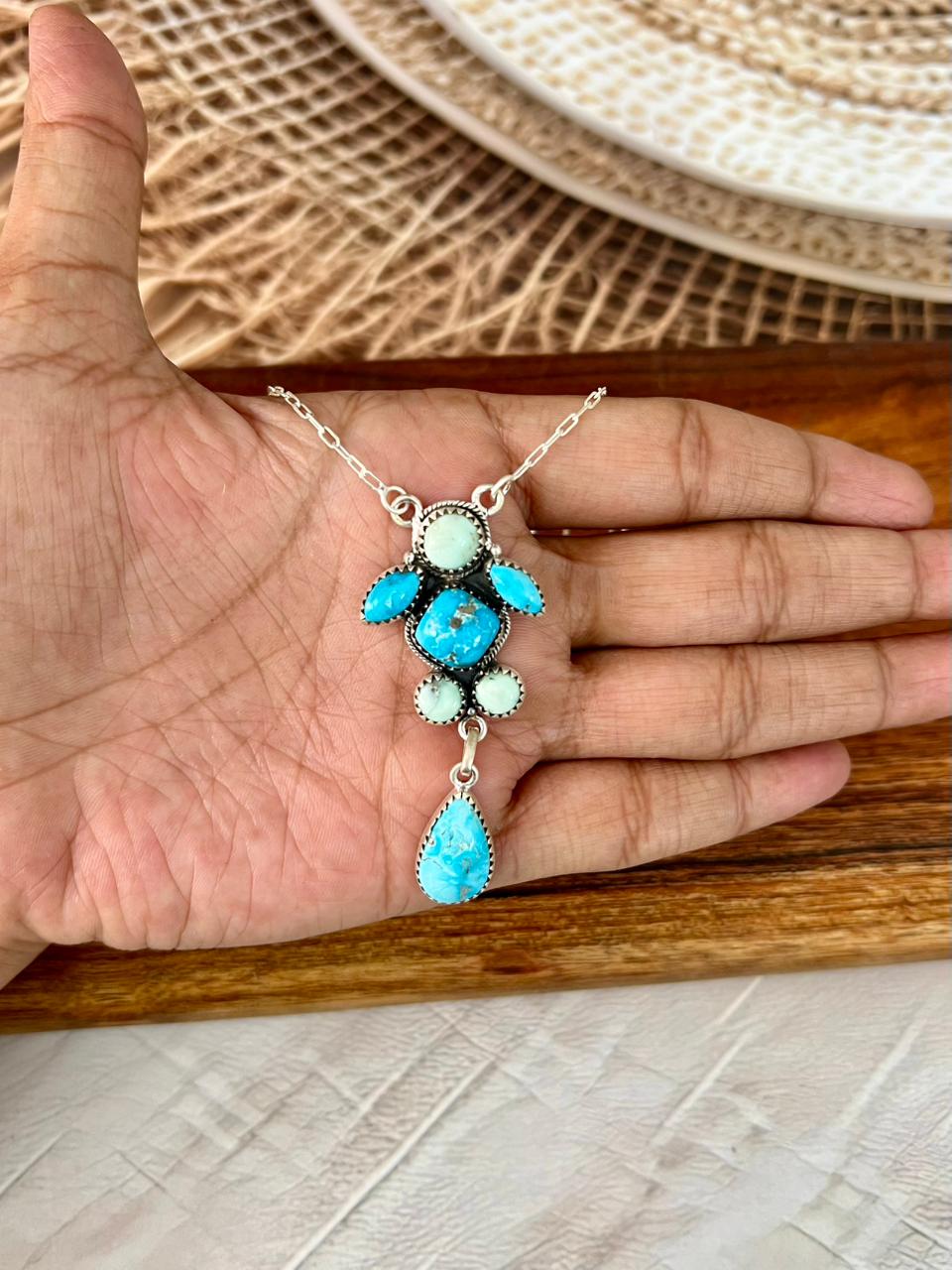 Handmade Sterling Silver Paloma with Sierra Bella Turquoise Necklace "Signed Nizhoni"