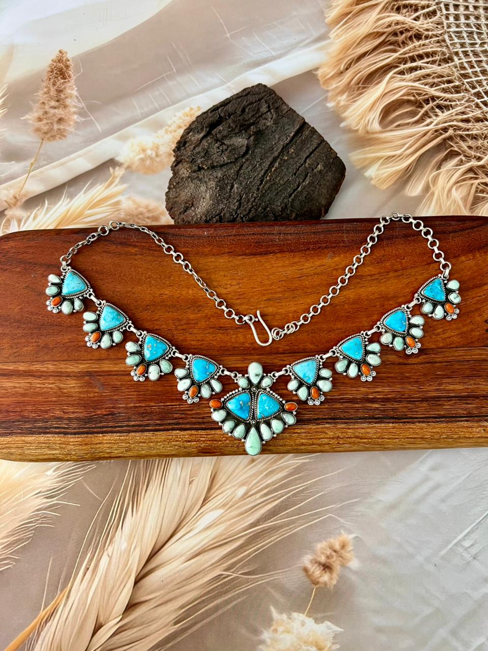 Handmade Sterling Silver Paloma with Sierra Bella Turquoise and Orange Mojave Necklace "Signed Nizhoni"