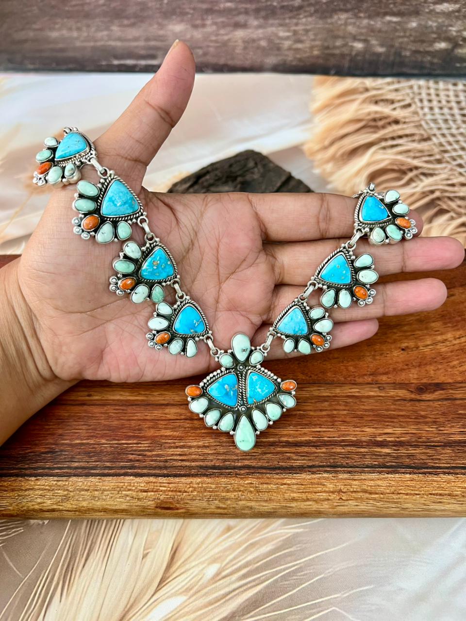 Handmade Sterling Silver Paloma with Sierra Bella Turquoise and Orange Mojave Necklace "Signed Nizhoni"
