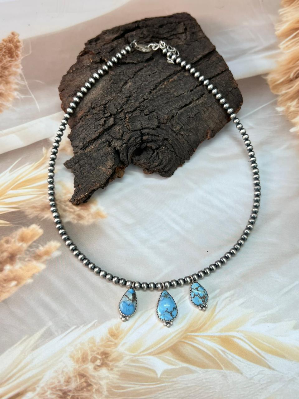 Handmade Sterling Silver Golden Hills Turquoise Beaded Necklace "Signed Nizhoni"