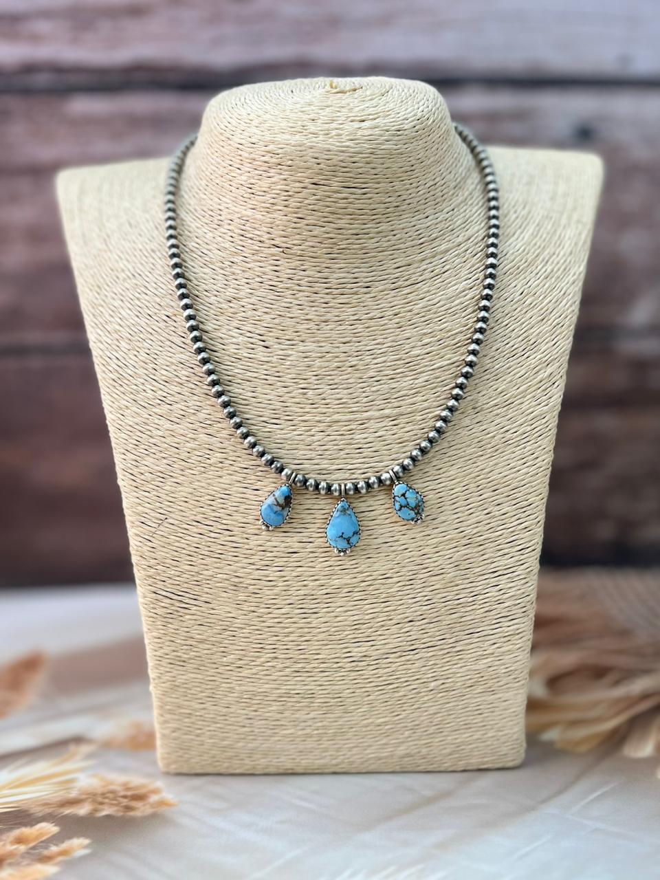Handmade Sterling Silver Golden Hills Turquoise Beaded Necklace "Signed Nizhoni"